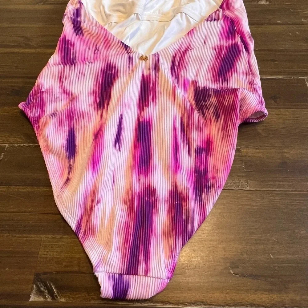PQ Swim Spell Avery Tie Dye Pink Purple Halter One Piece Swimsuit Bikini Large